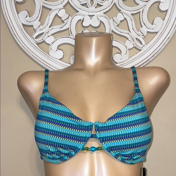 Wild Fable women’s bikini top large 12 14 swim Blue pattern beads underwire NWT - Picture 1 of 10